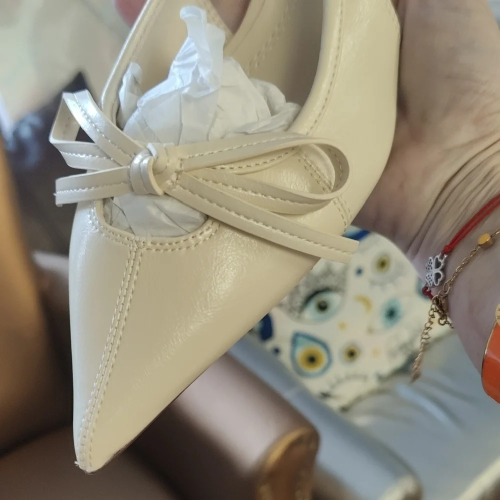 Zara Cream Pointed Toe Slingback Heels with Bow Accent - Picture 3 of 6